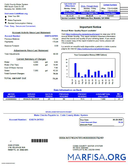 Realistic USA Cobb County Water System utility bill template in Word and PDF formats